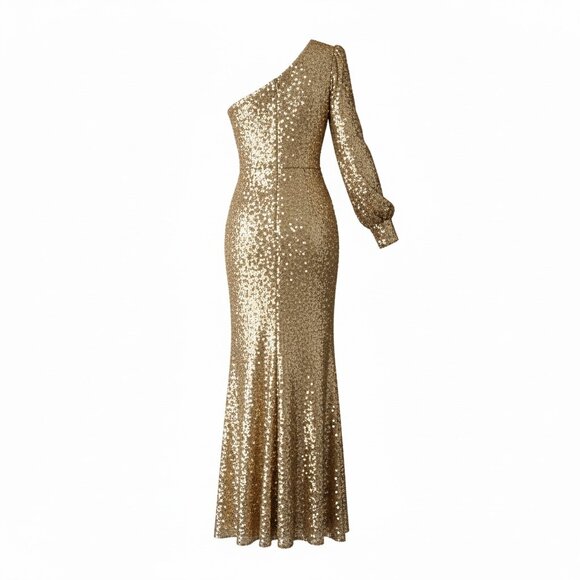 Gold Sequined One Shoulder Bishop Sleeve Trumpet Gown Size 4 / Small - Picture 5 of 8